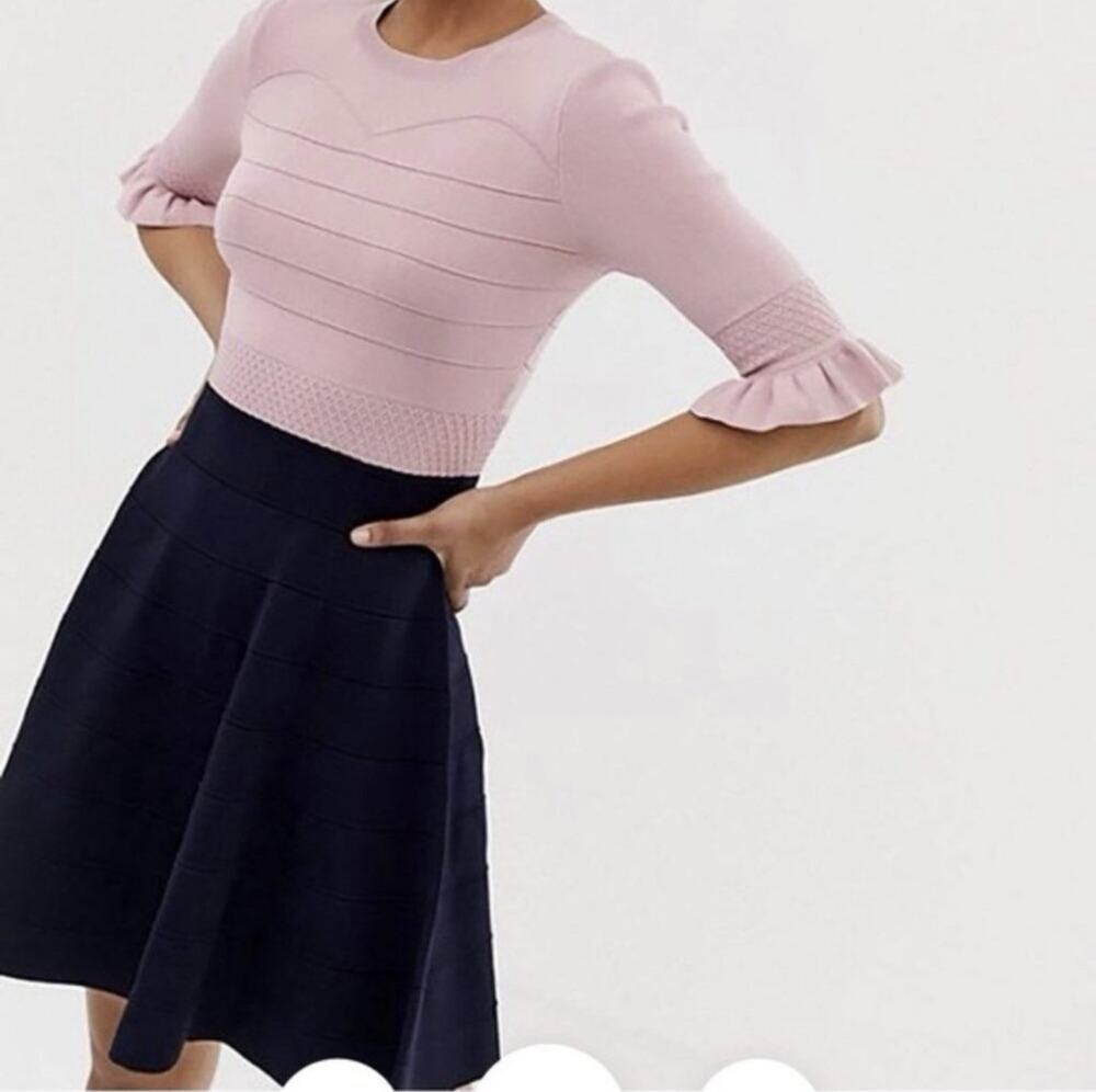 Ted Baker Dyana Knit Fit & Flare Dress Pink Navy Ruffle Sleeve Est. Size 2 US 6